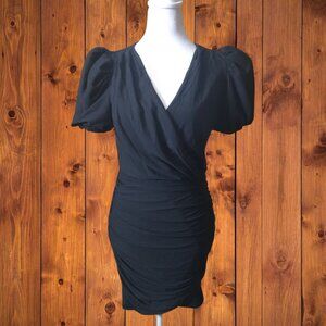 Express Women's Small Black Short Puff Sleeve Faux Wrap Ruched Dress New LBD